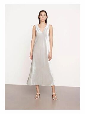Vince Ruched Velvet V-Neck Sleeveless Midi Dress Silver Size Small